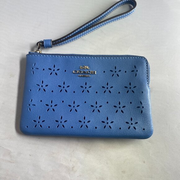Coach Blue Crossgrain Leather Laser Cut Wristlet - Picture 1 of 5
